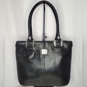 Anne Klein Black Embossed Leather Satchel | Red Lined Zip Top Shoulder Bag